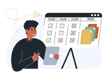 İş yönetimi illüstrasyonu. Verimli işler düzenlemek, planlama programı, öncelikler belirlemek, hatırlatmalar, görevler yapmak. Zaman yönetimi ve program organizasyonu kavramı. Vektör illüstrasyonu.