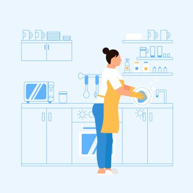 Kadın bir daireyi temizliyor. Genç bir kız mutfağında bulaşık yıkıyor ve temiz tutuyor. Arka planda açık mavi bir iç mekan. Temizlik süreci kavramları. Vektör illüstrasyonu.