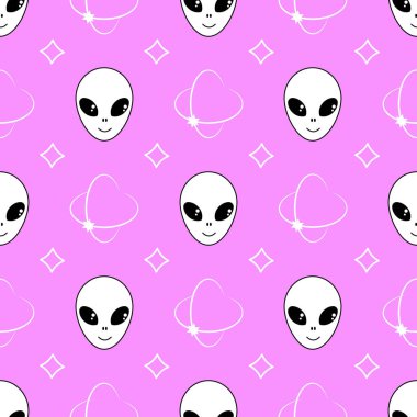 Y2K tarzında kusursuz bir uzaylı yüzü. Pembe arka planda bir uzaylının yüzü..