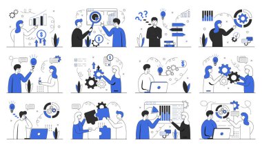 Set Business Illustrasyonları. Büyük set. İş faaliyetlerine katılan erkek ve kadınların olduğu sahnelerin toplanması. Beyaz arkaplanda mavi renkli vektör illüstrasyonu.