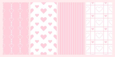 Pembe ve beyaz renklerde pürüzsüz desenlerin toplanması. Aşk kalıpları. Sevgililer Günü için romantik bir geçmiş. Duvar kağıdı, web sayfası, ambalaj kağıdı için sonsuz doku. Koleksiyon defteri, yazdırma, hediye paketi