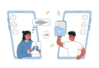 Online medical consult doctor . Patients meeting with doctors online, having consultation and receiving digital prescription. Telemedicine and healthcare concept. Vector illustration.