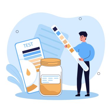 Tıbbi testler çizimi. Doktor pH testi ile idrar tahlili yapar, sonuçları kaydeder. Sağlık ve tıp konsepti. Vektör illüstrasyonu.