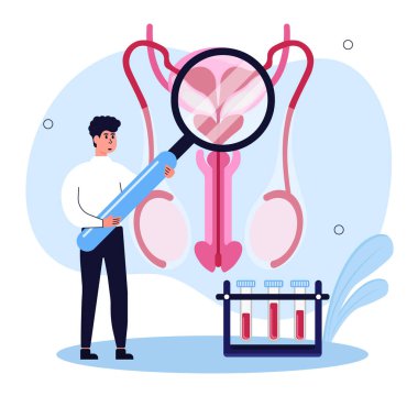 Nefroloji, üroloji. İdrar yolu enfeksiyonu, idrar yolu enfeksiyonu. Doktor, erkek üreme ve idrar sistemi hastalığının sebebini araştırıyor. Vektör illüstrasyonu.