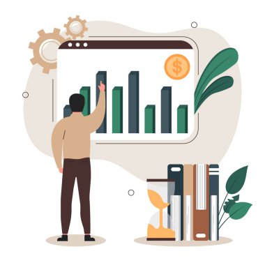 Mali büyüme çizelgesi. Haracter yatırımlardan elde edilen gelirin büyümesini analiz ediyor ve başarısını kutluyor. Para artırma konsepti. Vektör illüstrasyonu.