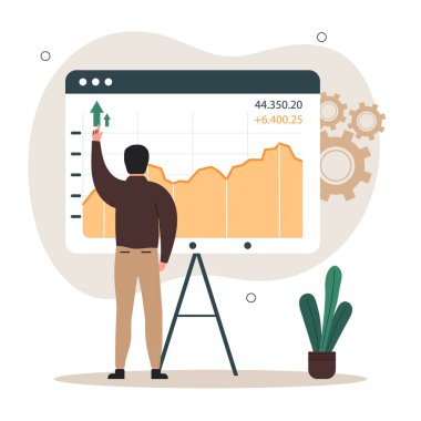  Mali illüstrasyon. Tüccarlar para yatırır, varlıklara finansman sağlar, çeşitli çizelgeleri analiz ederler. Yatırım konsepti. Borsa konsepti. Vektör illüstrasyonu.