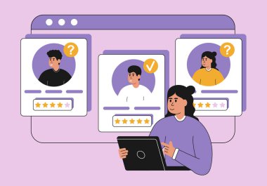 İllüstrasyon kiralamak. İK yöneticileri yeni çalışanları arıyor, CV okuyor ve iş adayı değerlendirmesi yapıyor. İşe alım ajansı konsepti. Vektör illüstrasyonu arkaplanda izole edildi