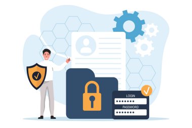 Karakter, iki aşamalı bir koruma sistemini geçer. Güvenliğin güvenilirliği, yetkilendirme ve veriye erişim iznine güvenen bir karakter. Veri koruma kavramı. Vektör illüstrasyonları.