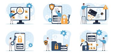 Siber veri güvenlik seti. İki seviyeli koruma sistemi, güvenilirliğine güvenen bir karakter. Siber suçlular kişisel verileri çalıyor. Veri koruma kavramı. Vektör..