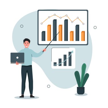 Haracter çalışanları için danışmanlık yapıyor. Farklı grafikleri analiz eder. Ofiste çalışma kavramı. Vektör illüstrasyonu.