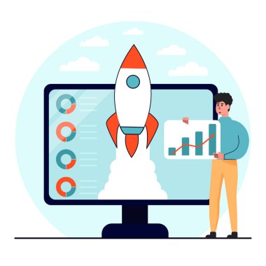 İş artışı. İş geliştirme ve kâr artışı. Karakter mal varlığının büyümesini arttırır ve büyüme yönünü gösterir. Vektör illüstrasyonu.