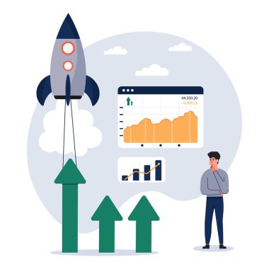 Yeni fikir, vektör çizimini başlat. İş adamları yeni fikirler üretir. Projenin başlatılması - İş adamlarından oluşan bir ekip roket fırlatıyor, kutlama yapıyor ve tezahürat yapıyor. Girişim danışmanlığı, iş fırsatı.