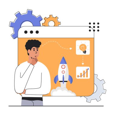 Fikir arama sahnesi. Yeni yaratıcı iş fikirleri arayan karakterler. Yeni iş fikirleri kavramı. Vektör illüstrasyonu.