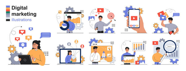  Digital marketing isolated set. Online promotion and attraction of new customers, seo, email marketing, analysis. Vector illustration for blogs, website, mobile app, promotional materials.