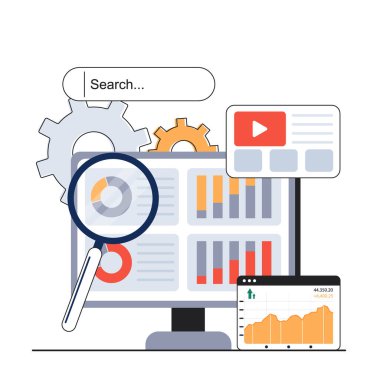  Yerel arama optimizasyonu konsepti. Arama motoru sıralamasını, arama motoru trafiğini, SEO testini geliştirin. Vektör illüstrasyonu