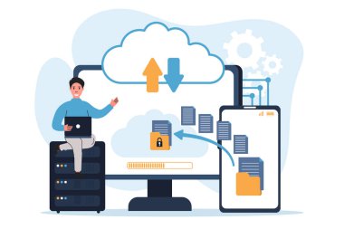 Bulut bilgisayarı izole edildi. Güvenli bağlantı, depolama ve bulut teknolojisi. Belgeler, veri depolama, beyin fırtınası, takım çalışması temsilciliği içeren veri aktarım dizinleri.