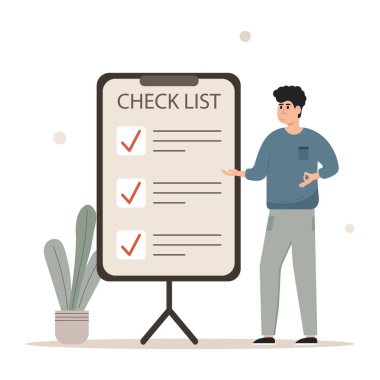 Kontrol listesi sahnesi. Görev planlama, kontrol listesi doldurma karakterleri. İş ve organizasyon kavramı. Vektör illüstrasyonu.