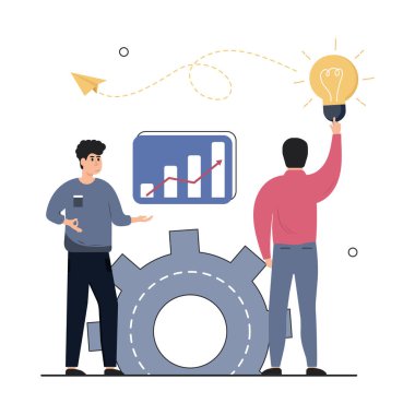  Çalıştırma ve geliştirme, fikirler ve başarı, iş büyüme analizi. İş adamları büyümeyi ve yeni fikirleri tartışıyor. İnsanların sahne koleksiyonu. Vektör illüstrasyonu