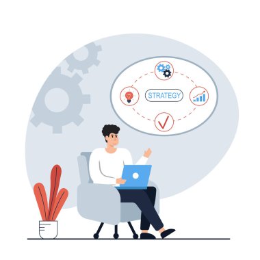 Stratejik planlama kavramı. Karakter veri istatistiklerini analiz eder, geliştirme planı oluşturur, stratejiyi geliştirir, yeni fikirler yaratır ve onları tanıtır. Vektör illüstrasyonları