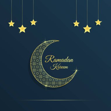 Ramazan Kareem. İslam geçmişi. Ramazan 'da İslami bayram davetiyeleri. Hilal şeklinde altın şablonlar. Lüks tasarım. Vektör illüstrasyonu.
