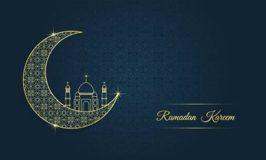 Ramazan Kareem. İslam geçmişi. Ramazan 'da İslami bayram davetiyeleri. Hilal şeklinde altın şablonlar. Lüks tasarım. Vektör illüstrasyonu.