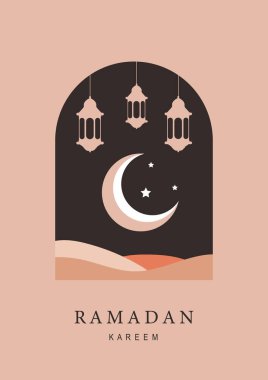 Ramazan Kareem. İslam geçmişi. Ramazan 'da İslami bayram davetiyeleri. Hilal şeklinde altın şablonlar. Vektör illüstrasyonu.