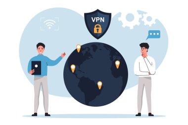 VPN teknoloji sistemi. Karakterler güvenli VPN noktalarına bağlanıyor. VPN bağlantı konsepti. İnternet bağlantısı düz illüstrasyon vektörü.