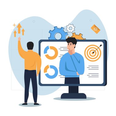 Pazarlama araçlarının izleyiciler üzerindeki etkisinin bir yansıması. Karakter kullanımı hedefleme, e-posta pazarlama ve sonuçları analiz etme. Müşterileri ve gelirleri arttır. Vektör.