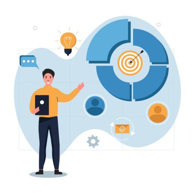 Pazarlama araçlarının izleyiciler üzerindeki etkisinin bir yansıması. Karakter kullanımı hedefleme, e-posta pazarlama ve sonuçları analiz etme. Müşterileri ve gelirleri arttır. Vektör.