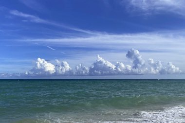 Deniz dalgaları, kumlu okyanus kıyıları, beyaz bulutlu mavi gökyüzü.