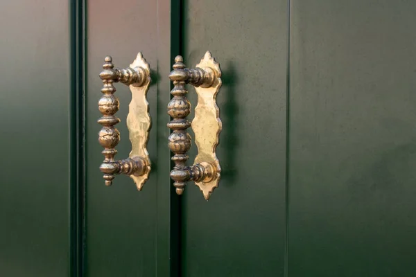 Old bronze door handle on a green door