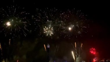 Siyah gökyüzü arka planında renkli havai fişekler