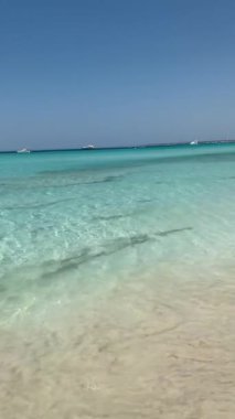 Deniz dalgaları kıyıya çarpıyor, açık mavi su ve beyaz kumlu plaj, seyahat içeriği, dikey video