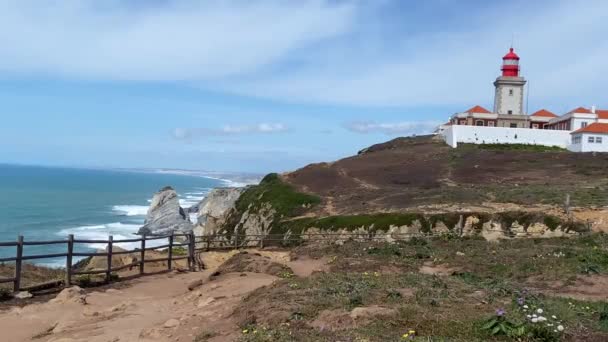 Старый Маяк Фоне Голубого Неба Мыс Рока Кабу Рока Португалия — стоковое видео