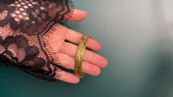 Massive Gold Bangle Bracelets Woman Hand Old Vintage Jewelry Concept — Stock Video