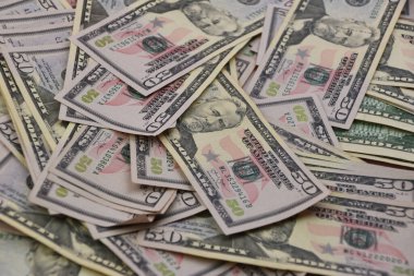 50 dolarlık banknotların geçmişi. Yakın plan. Seçici odak.