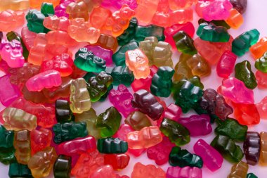 Çeşit çeşit ayıcık şekerlemeleri. Üst Manzara. Jöle tatlısı arka planı.