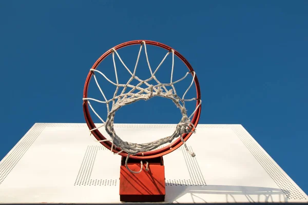 basketball hoop and net against the blue sky, closeup of photo