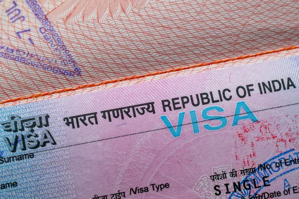 Индийская Виза Штамп Проездной Паспорт Работа Проездные Документы Эмиграция Иммиграция — стоковое фото