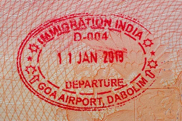 Штамп Вылета Аэропорту Гоа Проездной Паспорт Въезд Выезд Индии Штамп — стоковое фото