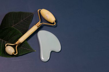 Yeşim yüz silindiri ve gua sha masaj aracı yeşil yaprak üzerinde.
