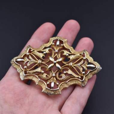 Elinde altın bir broş var. Arka planda fotokopi alanı var.