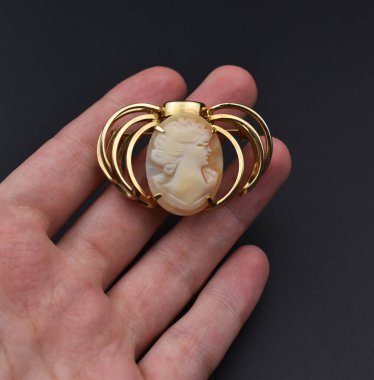 Elinde siyah bir arkaplanda altın bir broş var.