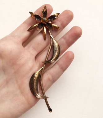 Beyaz arka planda altın bir broş tutuyor.