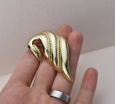 Beyaz arka planda altın broşu olan bir el. Mücevherler.