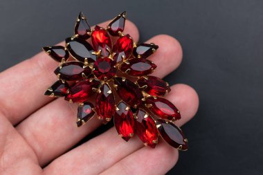 Elinde siyah arka planda kırmızı mücevherler olan bir broş var..