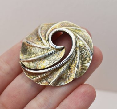 Gri arka planda bir spiral şeklinde bir broş tutuyor.
