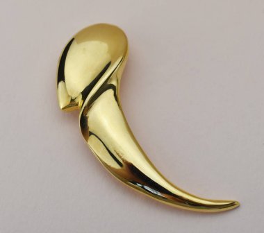 Beyaz arkaplanda altın broş, yakın plan fotoğraf.