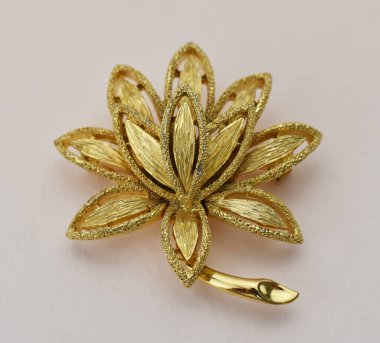 Beyaz arka planda güzel altın bir broş, yakın plan.