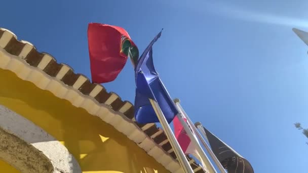 Σημαίες Της Πορτογαλίας Και Της Ευρωπαϊκής Ένωσης Κυματίζουν Στον Γαλάζιο — Αρχείο Βίντεο